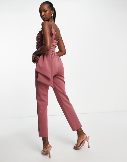 ASOS DESIGN pleat front satin jumpsuit with chain strap in sand