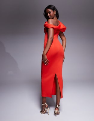 Shop Asos Design Scuba Structured Puff Sleeve Bandeau Midi Dress In Red