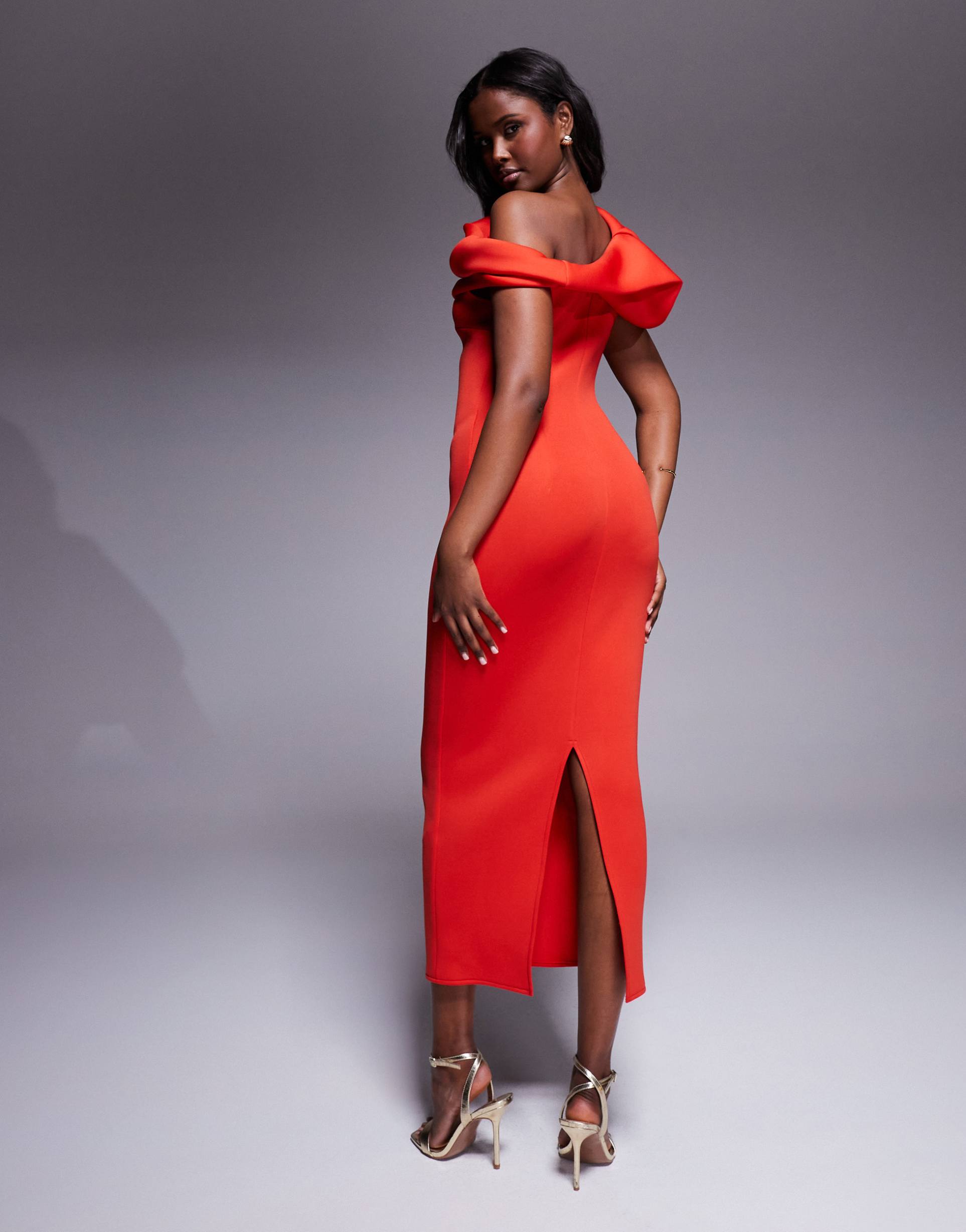 asos design scuba structured puff sleeve bandeau midi dress in red
