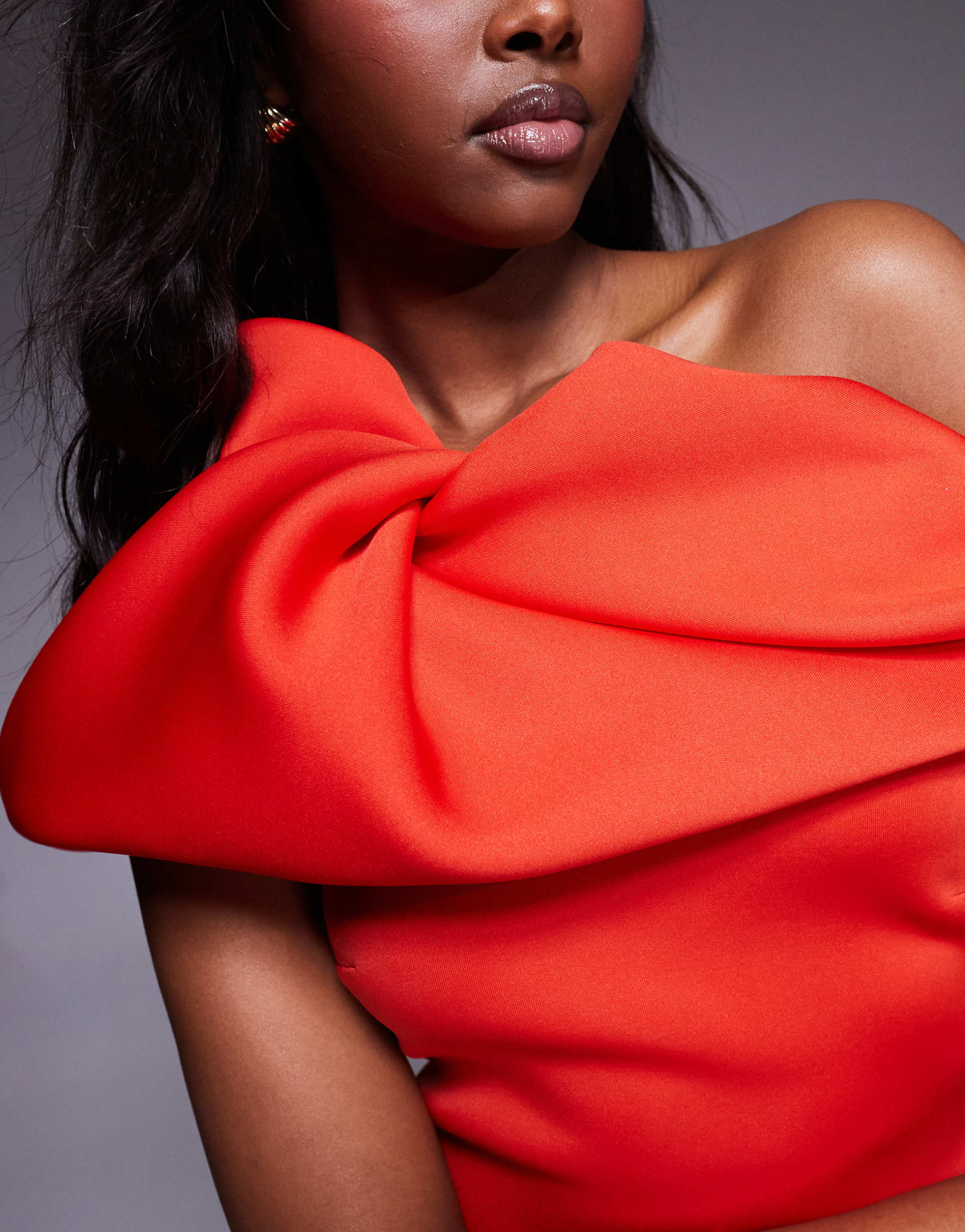 asos design scuba structured puff sleeve bandeau midi dress in red