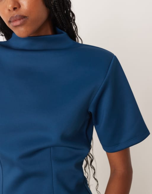ASOS DESIGN scuba-style fabric grown on neck cinched tee in teal, 2 of 4