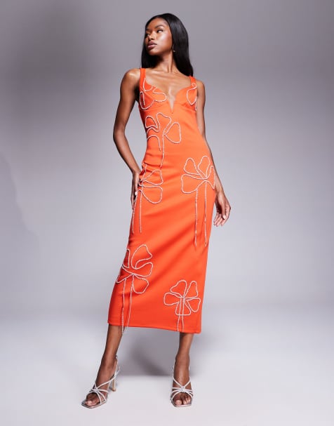 ASOS DESIGN scuba sweetheart neckline pencil midi dress with flower chain embellishment in orange - view 1