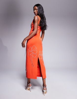 ASOS DESIGN scuba sweetheart neckline pencil midi dress with flower chain embellishment in orange