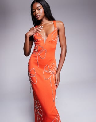 ASOS DESIGN scuba sweetheart neckline pencil midi dress with flower chain embellishment in orange