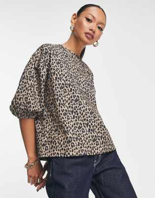 ASOS DESIGN scuba top with balloon sleeve in leopard print-Multi