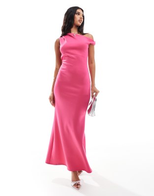 ASOS DESIGN scuba twist shoulder midi dress in bright pink