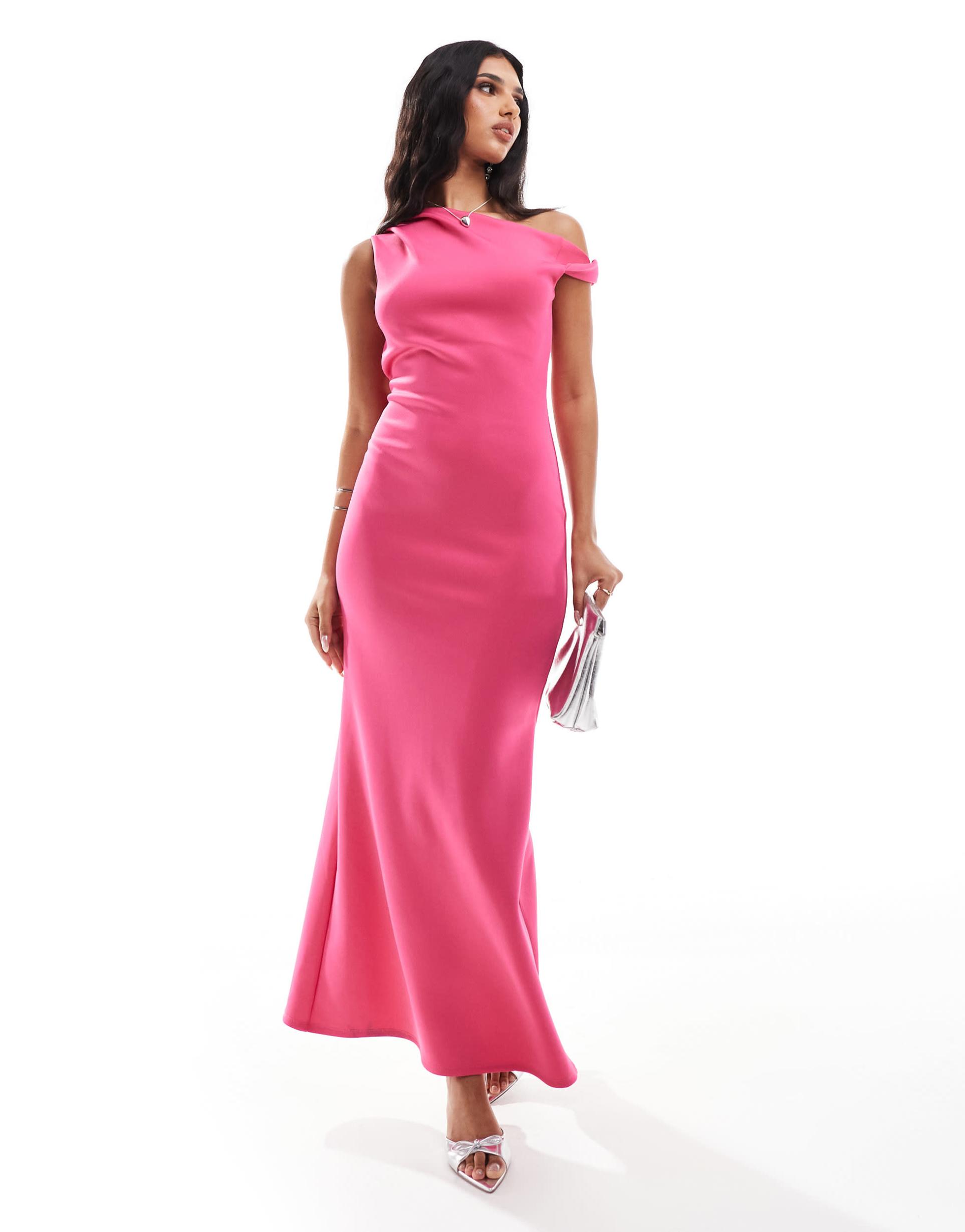 asos design scuba twist shoulder midi dress in bright pink