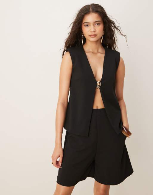 ASOS DESIGN scuba waistcoat with gold trim fastening in black (Part of a set)