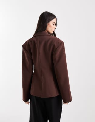 Asos Design Sculpt Cinch Waist Blazer In Brown