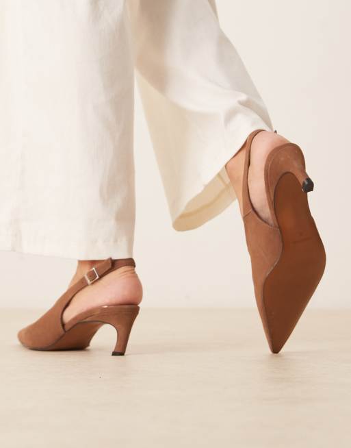 ASOS DESIGN Sculpt premium slingback mid heel shoes in camel suede