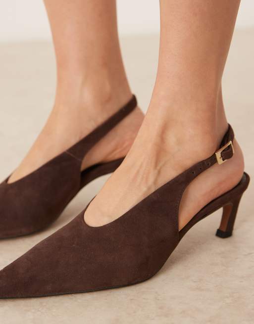ASOS DESIGN Sculpt premium slingback mid heel shoes in chocolate suede