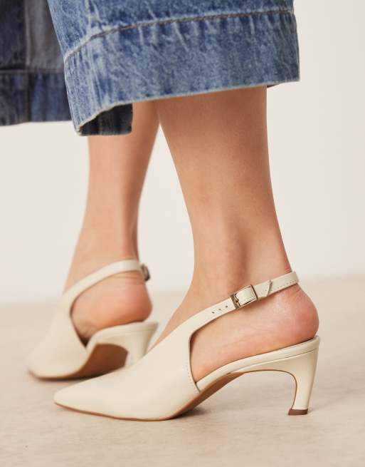 ASOS DESIGN - Sculpt - Premium slingback-schoenen met halfhoge hak in gebroken wit leer, 2 van 4