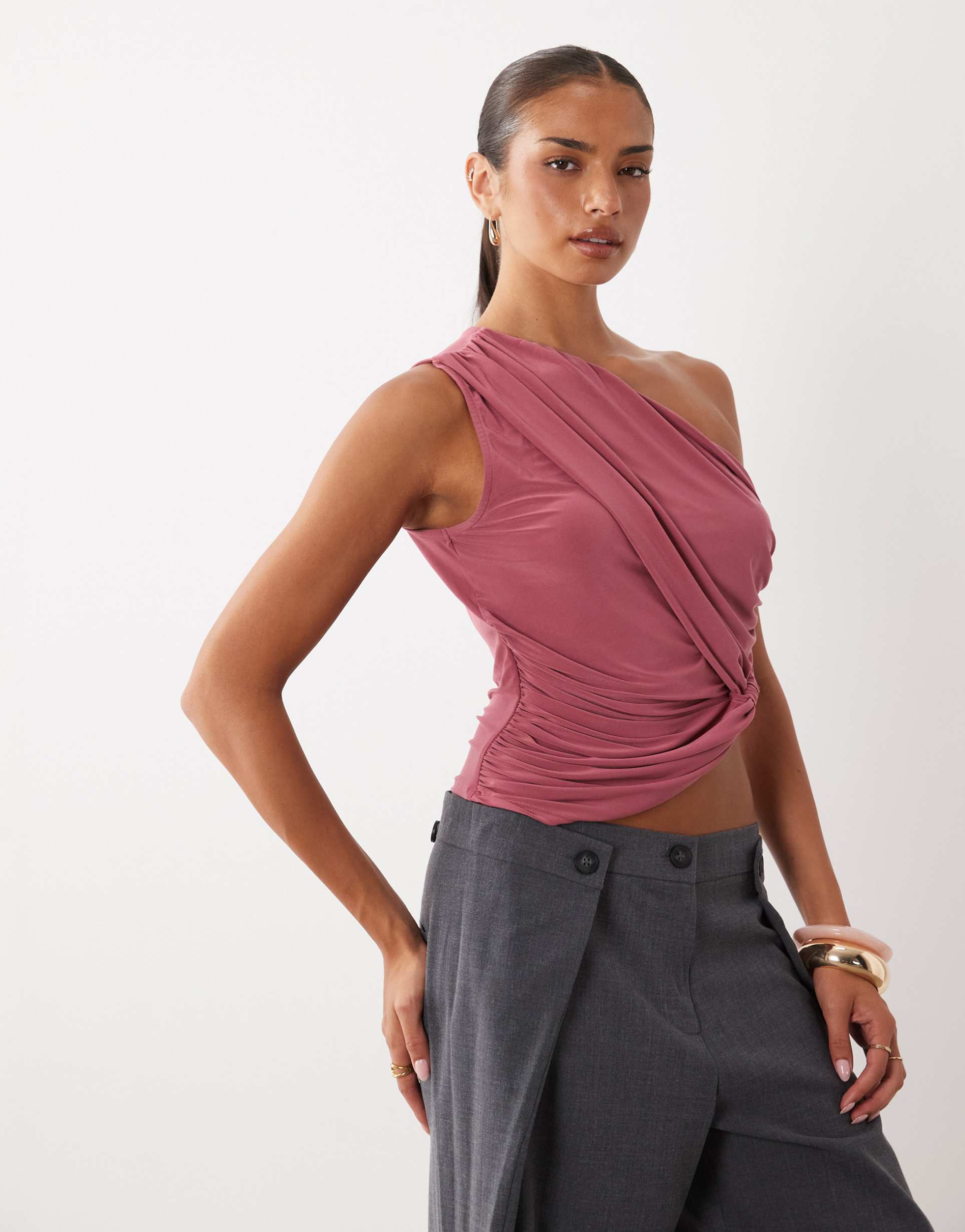 asos design sculpted asymmetric one shoulder top in rose