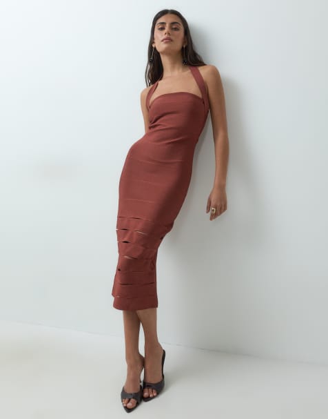 ASOS DESIGN sculpted bandage midi dress with lattice skirt in rust scuba-style fabric