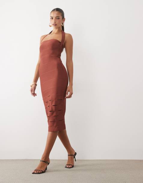 ASOS DESIGN sculpted bandage midi dress with lattice skirt in rust scuba-style fabric - view 1