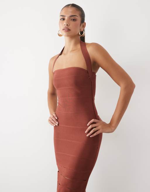 ASOS DESIGN sculpted bandage midi dress with lattice skirt in rust scuba-style fabric, 2 of 4
