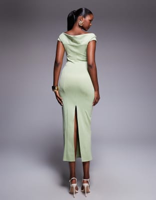 ASOS DESIGN sculpted bardot midi pencil dress in sage green | ASOS
