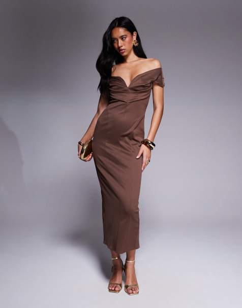 ASOS DESIGN sculpted bardot midi pencil dress with seam detailing in chocolate - view 1