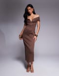 [ASOS DESIGN] ASOS DESIGN sculpted bardot midi pencil dress with seam detailing in chocolate-Brown 8 Chocolate