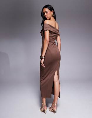 Asos Design Sculpted Bardot Midi Pencil Dress With Seam Detailing