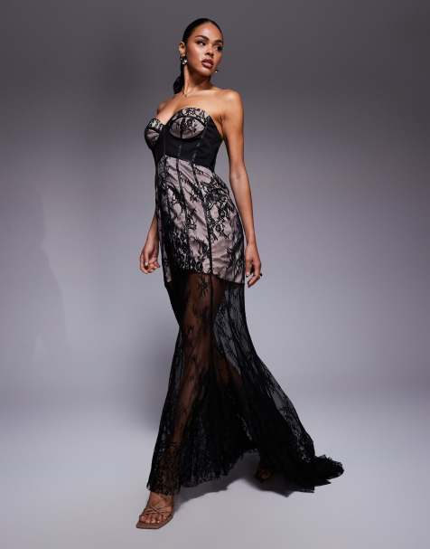 ASOS DESIGN sculpted boned corset detail bandeau lace maxi dress with fishtail hem and contrast lining in black - view 1