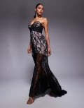 [ASOS DESIGN] ASOS DESIGN sculpted boned corset detail bandeau lace maxi dress with fishtail hem and contrast lining in black 12 Black