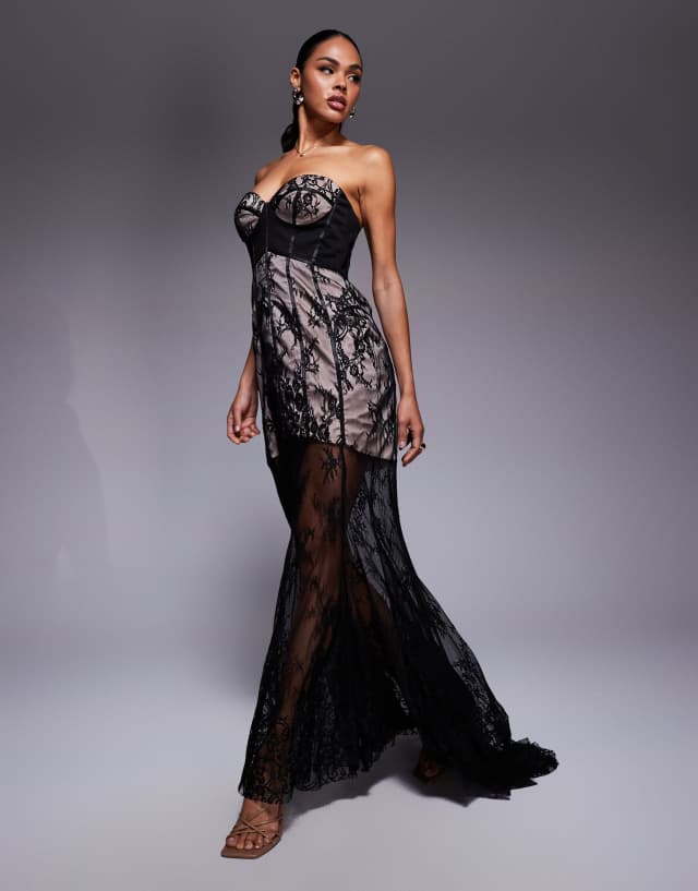 black and grey lace dress ASOS DESIGN sculpted boned corset detail bandeau maxi with fishtail hem contrast lining in 58932
