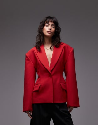 Asos Design Sculpted Cinch Waist Blazer In Red