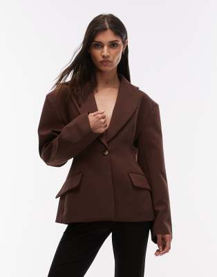Asos Design Sculpted Cinched Waist Blazer In Brown
