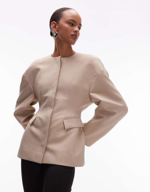 ASOS DESIGN sculpted collarless blazer in camel