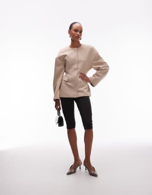Asos Design Sculpted Collarless Blazer In Neutral