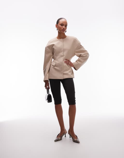 ASOS DESIGN sculpted collarless blazer in camel, 2 of 4