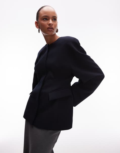 ASOS DESIGN sculpted collarless blazer in navy - view 1