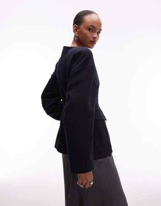 ASOS DESIGN sculpted collarless blazer in navy, 3 of 4