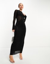 ASOS DESIGN tie front exaggerated drape maxi dress in black