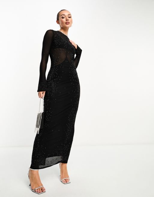 ASOS DESIGN sculpted contour mesh all over embellished maxi dress in ...