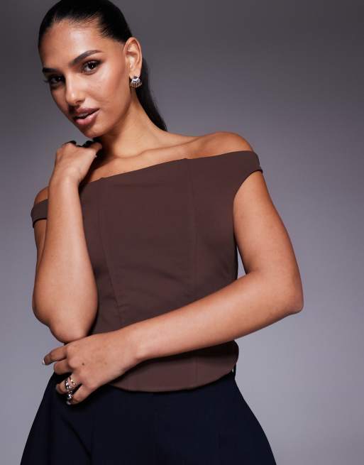 ASOS DESIGN sculpted corset off the shoulder top with boning in chocolate