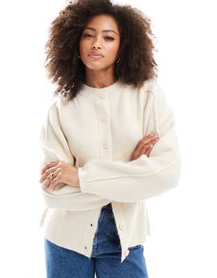 sculpted crew neck cardigan in cream-White