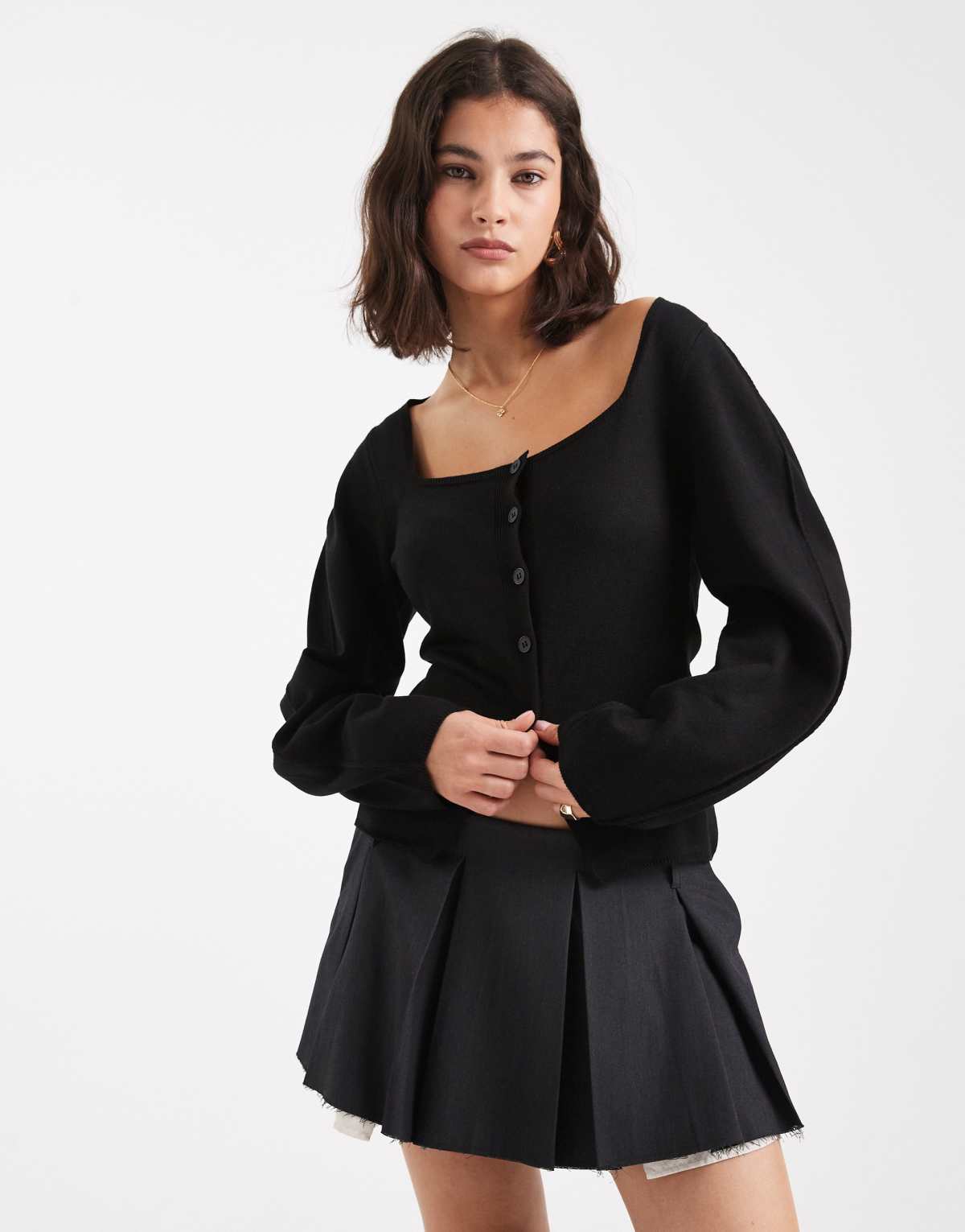 ASOS DESIGN sculpted knit cardigan with square neck and banana sleeve in black