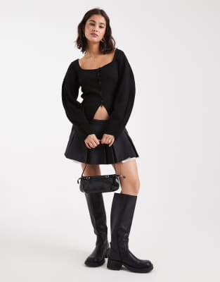 Asos Design Sculpted Knit Cardigan With Square Neck And Banana Sleeves In Black