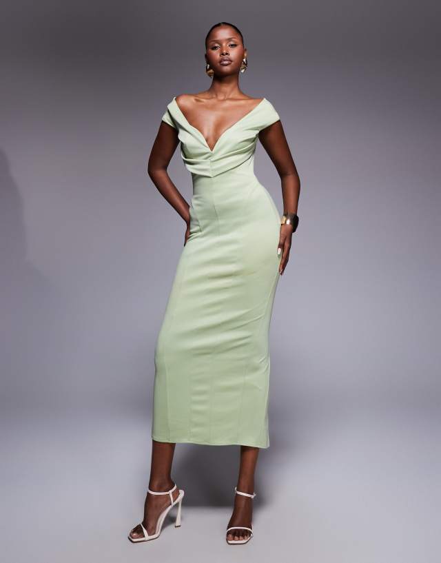 ASOS Design Sculpted Off The Shoulder Midi Pencil Dress in sage Green