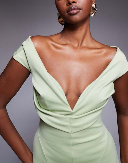 ASOS DESIGN sculpted off the shoulder midi pencil dress in sage green