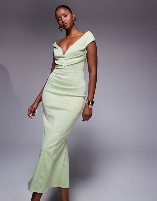 ASOS DESIGN sculpted off the shoulder midi pencil dress in sage green