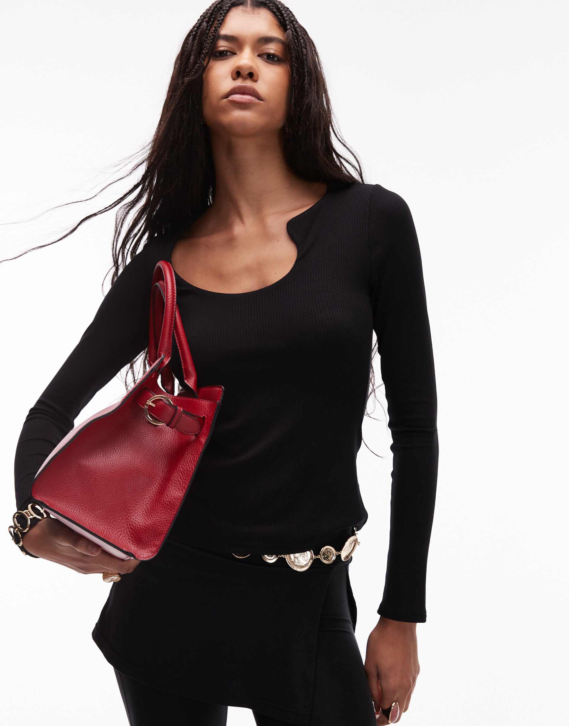 asos design sculpted rib cut-away long sleeve top in black