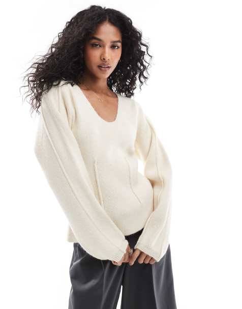 ASOS DESIGN sculpted v neck jumper with seam detail in cream  - view 1