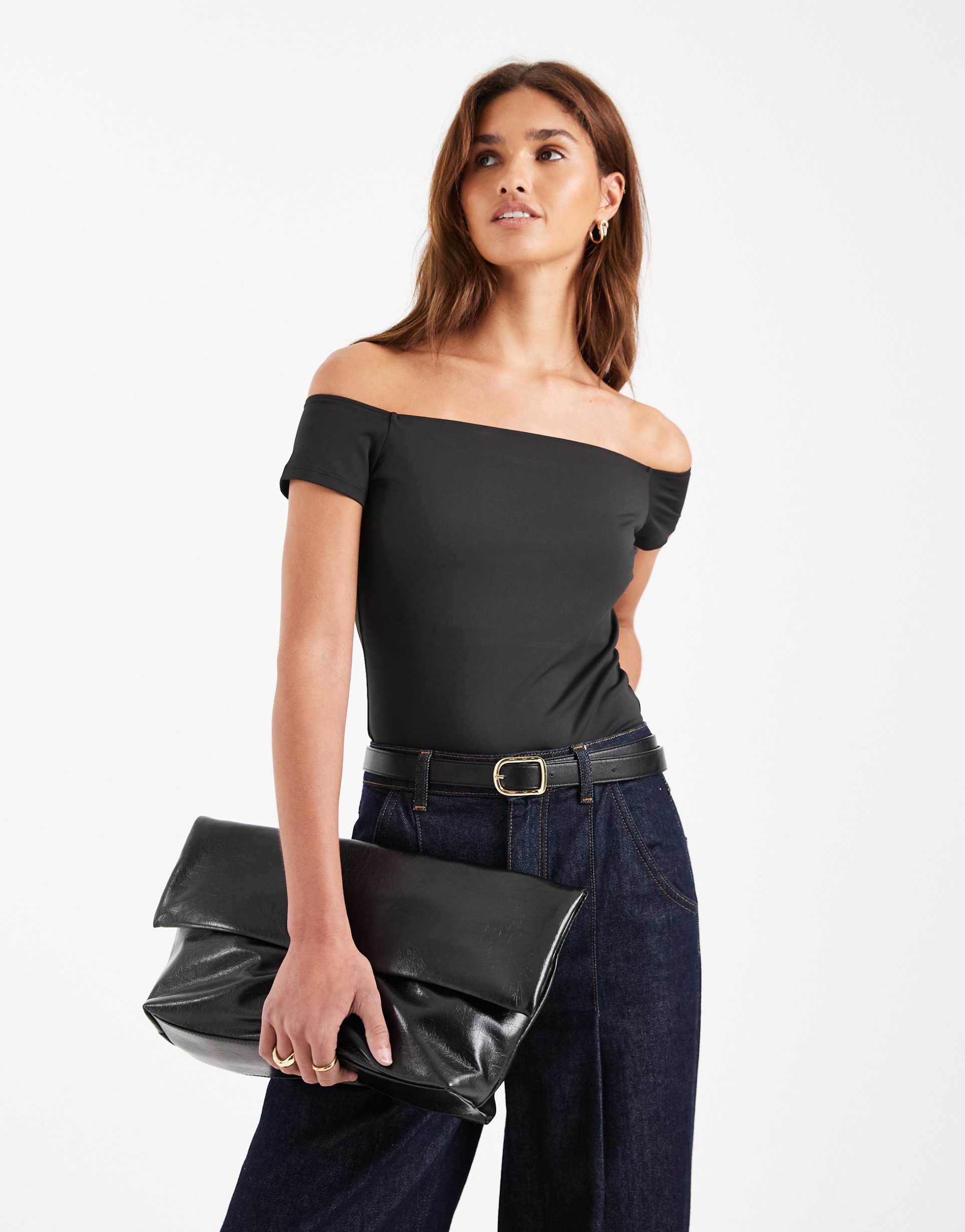 asos design sculpting bardot short sleeve top in black