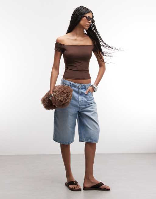 ASOS DESIGN Sculpting bardot short sleeve top in chocolate, 2 of 4
