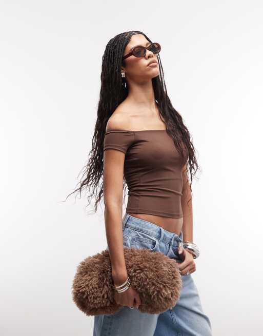 ASOS DESIGN Sculpting bardot short sleeve top in chocolate, 3 of 4