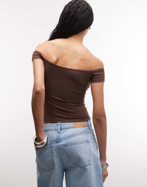 ASOS DESIGN Sculpting bardot short sleeve top in chocolate, 4 of 4