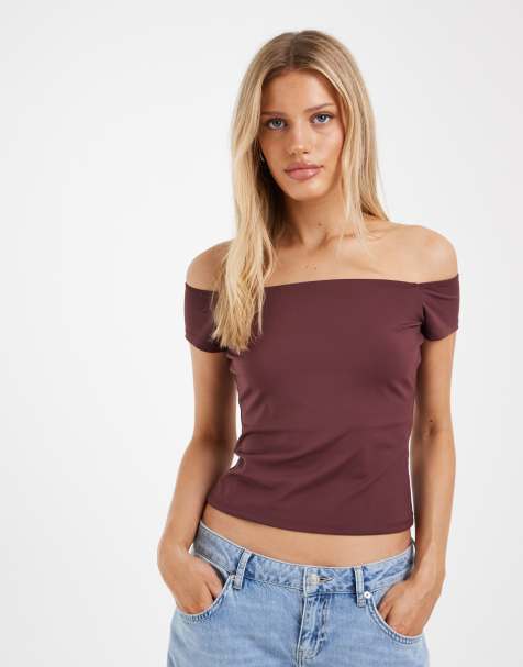 ASOS DESIGN Sculpting bardot short sleeve top in grape - view 1